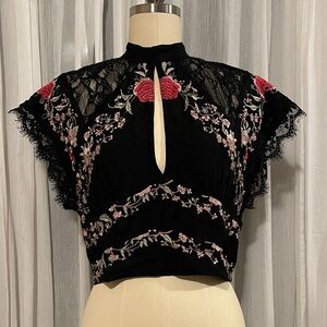 Free People Black Lace Top with Floral Embroidery